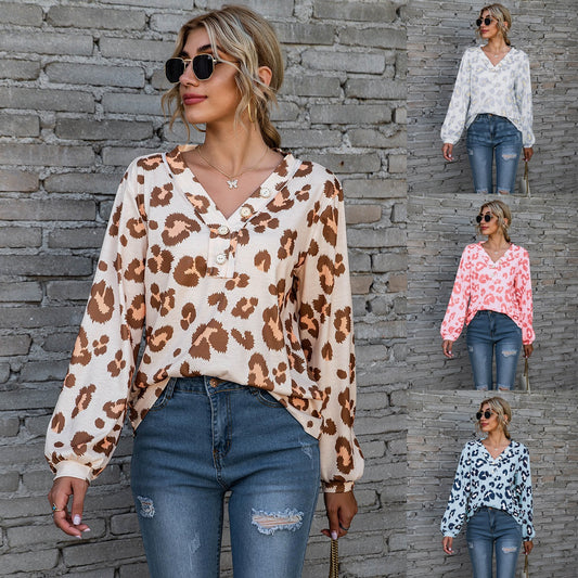 Leopard Printed V-neck Off-the-shoulder Long Sleeve T-shirt