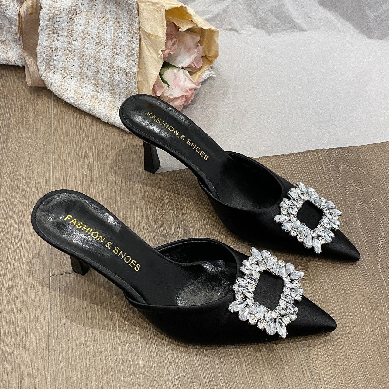 Square Buckle Rhinestone Closed Toe Half Slippers Women's Outer Wear