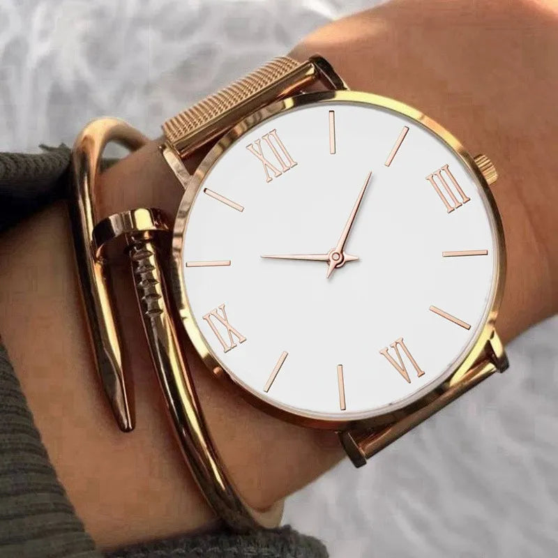 Luxury Rose Gold Dial Stainless Steel Wristwatch