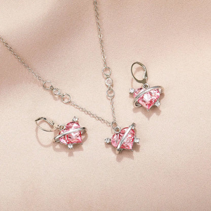Heart-shaped Zircon Pink Crystal Pendant Necklace Set