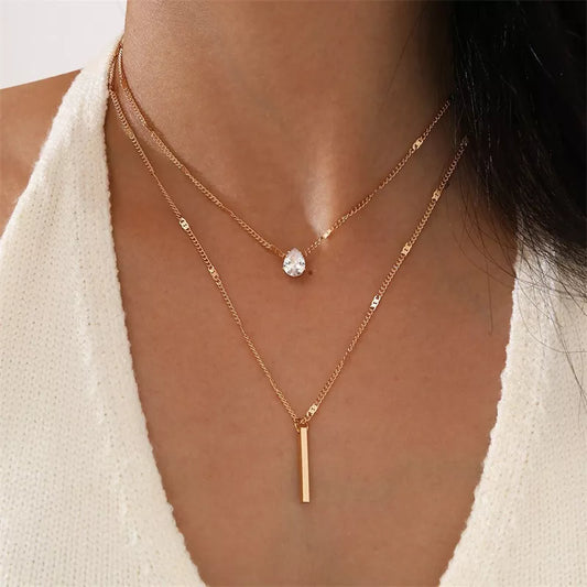 Simple Crystal Geometric Gold Color Pendant Necklace Set