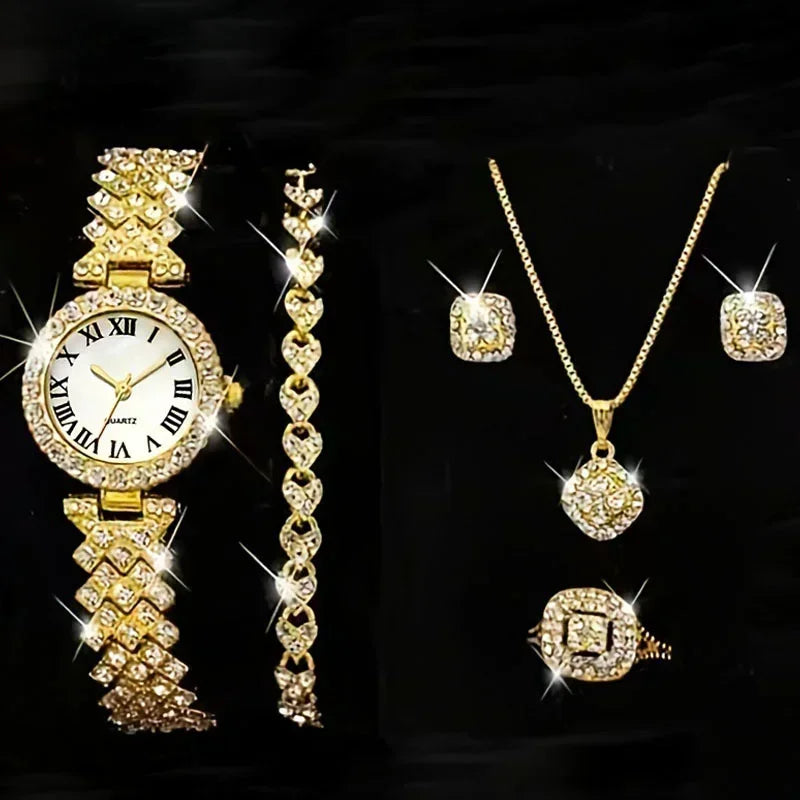 Luxury Crystal 5 Pcs Watch Necklace Earrings Ring Set