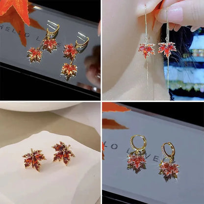 French Vintage Crystal Zircon Red Maple Leaf Earrings