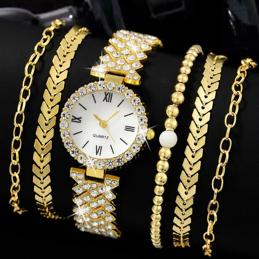 6pcs Golden Color Dainty Rhinestone  Watch With Jewelry Set