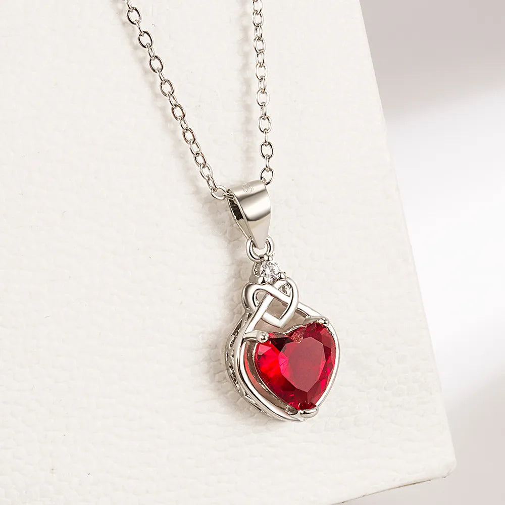 Silver Red Heart Zircon Elegant Women's Sets Ring Earring Necklace