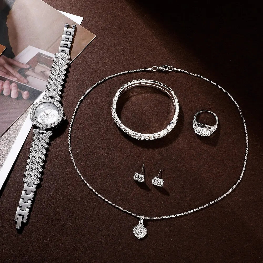 Rhinestone Quartz Watch Hip hop Casual Analog Watches Jewelry Set