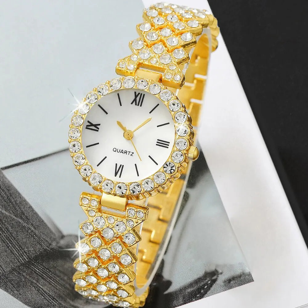 6pcs Golden Color Dainty Rhinestone  Watch With Jewelry Set