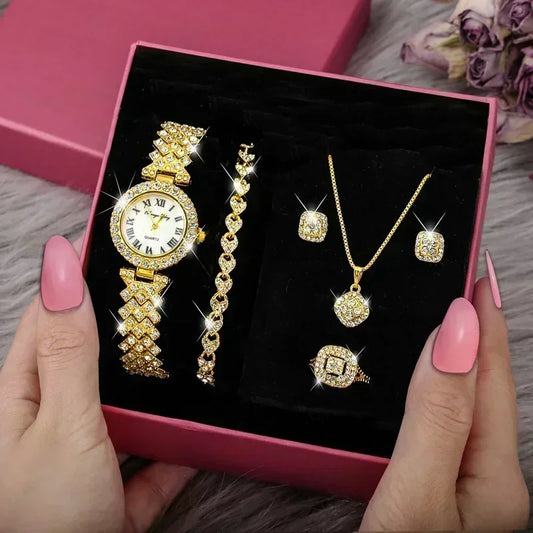 Luxury Crystal 5 Pcs Watch Necklace Earrings Ring Set