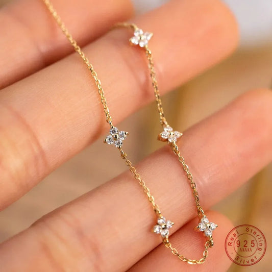 Sterling Silver Plated 18k Gold Shiny Zircon Flower Bracelet for Women Girl Korean Temperament Exquisite Jewelry Gifts