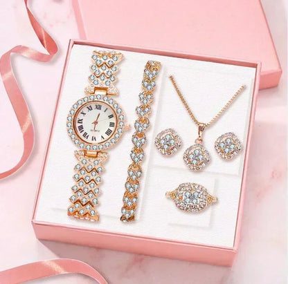 Luxury Crystal 5 Pcs Watch Necklace Earrings Ring Set