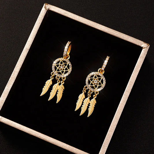 14k Real Gold Feather Drop Earrings