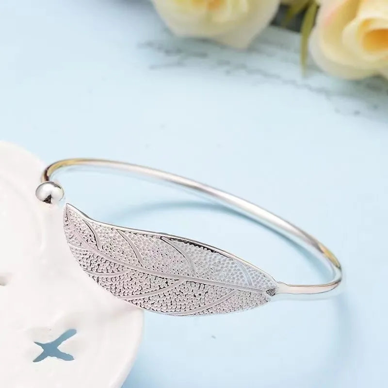 Sterling Silver Woman Cuff Bracelet Open Leaf Shaped Adjustable Charm Bangle Girls Party Jewelry Christmas Gifts
