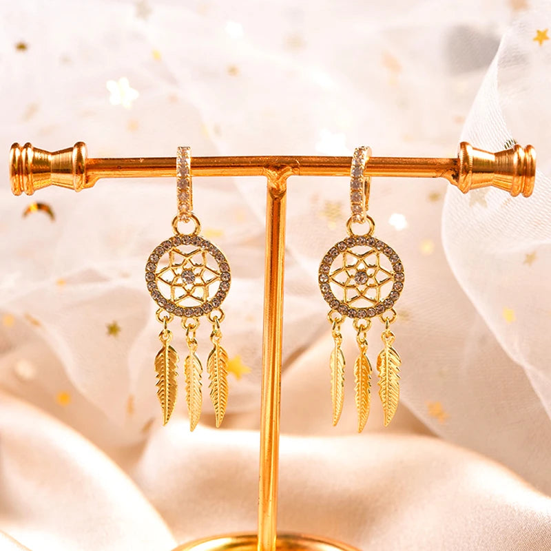 14k Real Gold Feather Drop Earrings