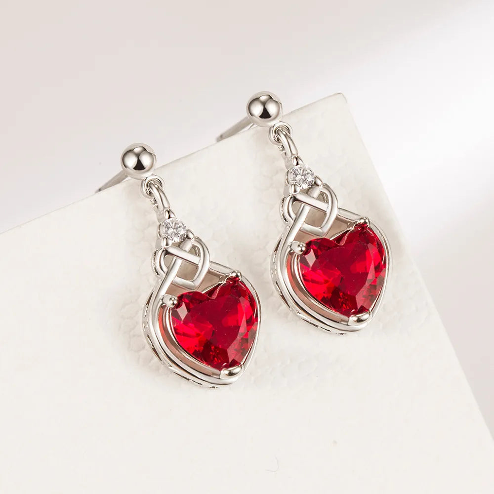 Silver Red Heart Zircon Elegant Women's Sets Ring Earring Necklace