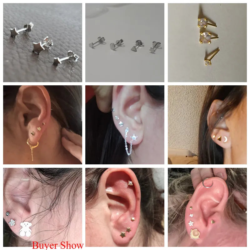 3 Pcs Sterling Silver Star Diamond Stud Earrings