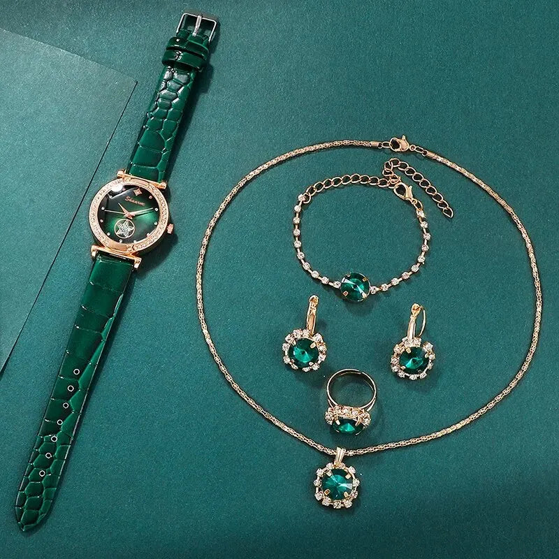 6PCS Set Green Luxury Quartz Watch Women