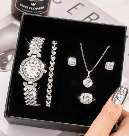 Luxury Crystal 5 Pcs Watch Necklace Earrings Ring Set