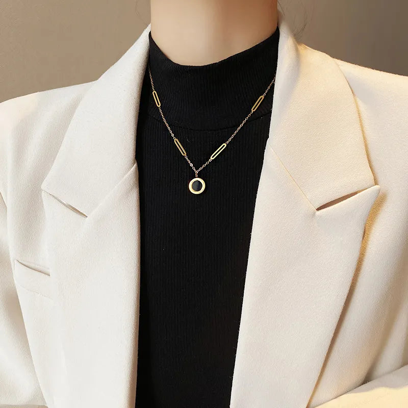 Classic Stainless Steel Roman Digital Wafer Pendant Necklace