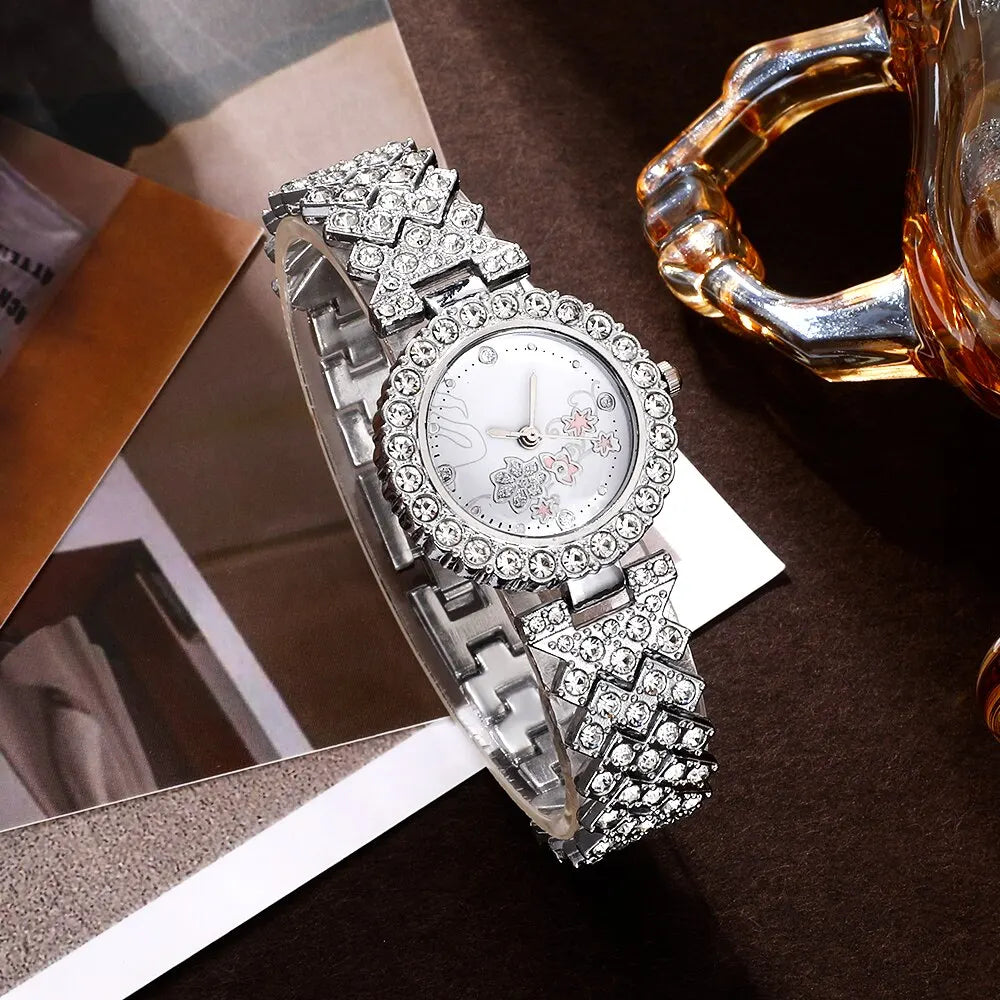 Rhinestone Quartz Watch Hip hop Casual Analog Watches Jewelry Set