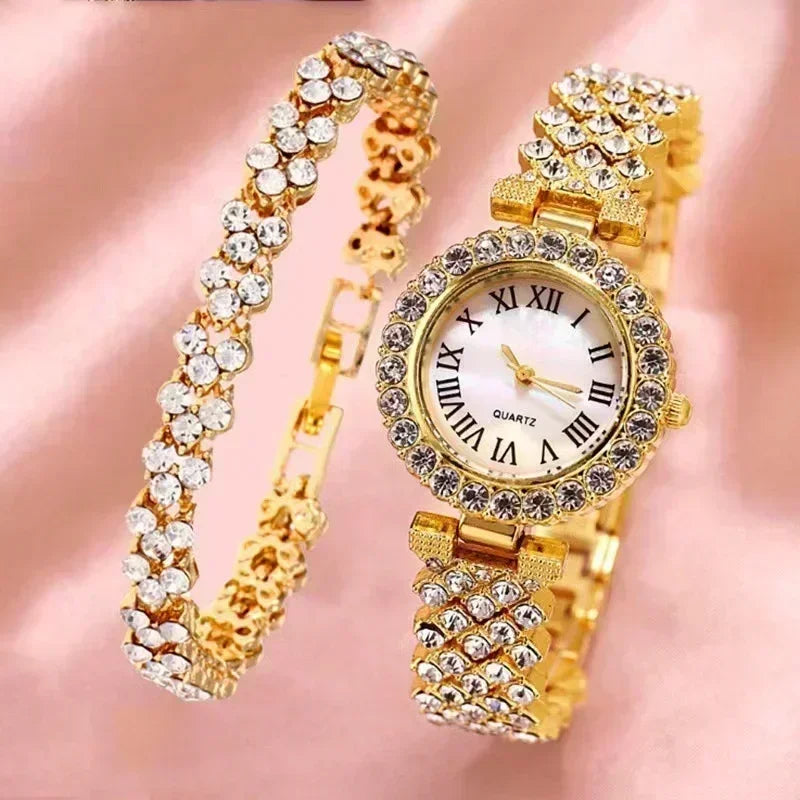 Luxury Crystal 5 Pcs Watch Necklace Earrings Ring Set