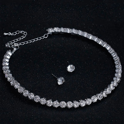 Round Crystal Jewelry Set - Bracelet Stud Earring Zircon Chain Necklace