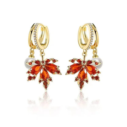 French Vintage Crystal Zircon Red Maple Leaf Earrings