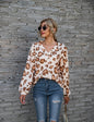 Leopard Printed V-neck Off-the-shoulder Long Sleeve T-shirt