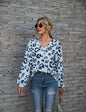 Leopard Printed V-neck Off-the-shoulder Long Sleeve T-shirt